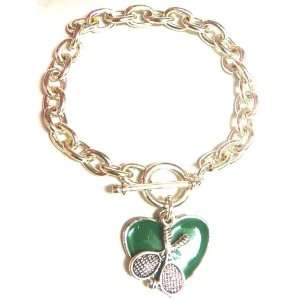  Tennis Crossed Racquet with Green Heart Chain Bracelet (Brand 