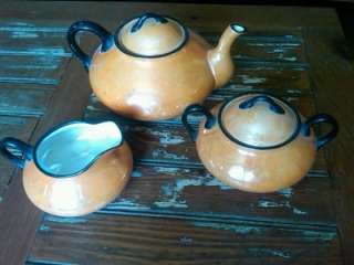 Vintage ELPCO Peach/Black Lusterware 3 Piece Tea Set sugar creamer pot 
