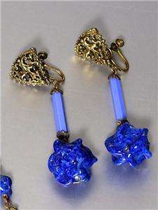   CZECH ART GLASS NECKLACE & EARRINGS DEMI 1920s 30s modern blue  