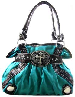   Rhinestone Cross Star Accent Belt Style Tote Purse Handbag Turquoise