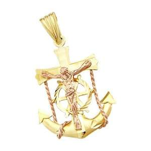  14k Yellow and Rose Gold Anchor Crucifix Charm Pendant 