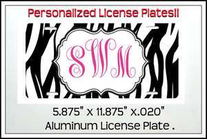 Personalized Zebra Stripe Monogram License Plate Girl  