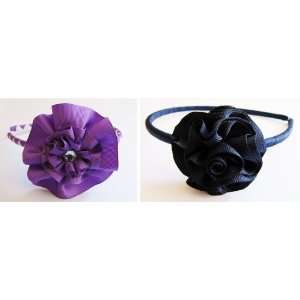   Purple Woven / Navy Blue Grosgrain Carnation Little Girl Headband
