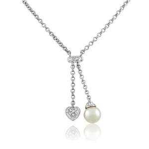   Sterling Silver CZ 8MM Freshwater Pearl Heart Charm Lariat Necklace