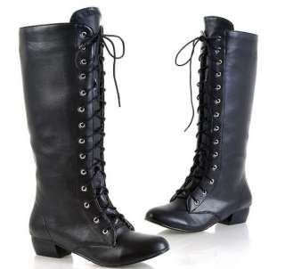 New fashion lace up low heel knee high boots shoes  
