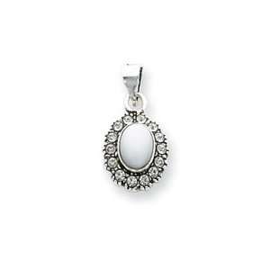  Sterling Silver White Cats Eye & Crystal Pendant Jewelry