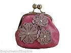 NEW! FOSSIL LEATHER FRAME COIN PURSE PINK W/ PURPLE FLOWER KISSLOCK 