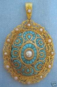 Fine Victorian 22K Gold Pearl & Turquoise Inlay Pendant  