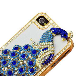 iPhone 4G 4Gs 4S Blue Leather Peacock Diamond Rainstone Bling Case 