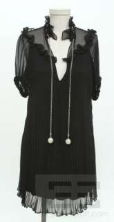 Meghan Los Angeles Black Silk Pleated Rhinestone Trim Dress Size Small 