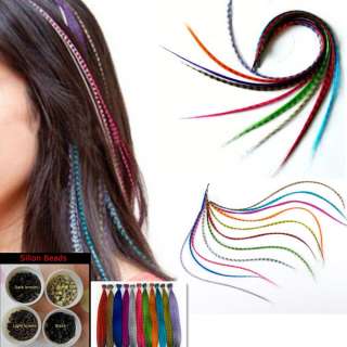 120x DIY Grizzly Feather Hair Extensions 120 Free Beads Women Girl 