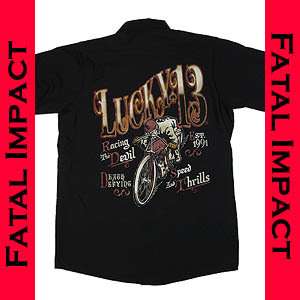 New Rockabilly Punk Lucky 13 Motorcycle Racer Mens Black Work Shirt 