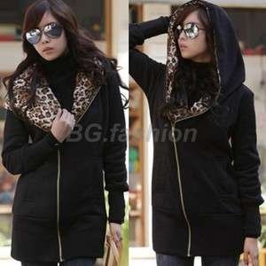   Womens Leopard Hoodie TOP Fleece Jacket Sweatshirt Black 8 10 12