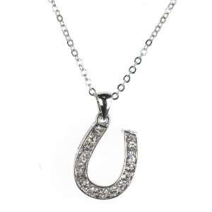  Lucky Horse Shoe Pendant Charm Necklace   Silver and Clear 