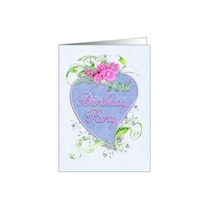  90th Birthday Party Pink Flowers Blue Heart Invitations 