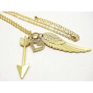  Angel Wing, Heart, Arrow Cupid Angel Love Necklace Gold 