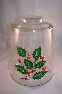 Vintage Christmas Glass Holly Cookie Jar  