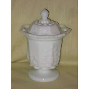 Vintage Westmoreland Milk Glass  Grape Pattern  Covered Candy Dish w 