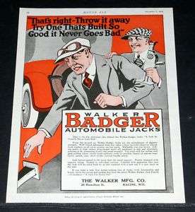   OLD WWI MAGAZINE PRINT AD, WALKER, BADGER AUTOMOTIVE JACKS  