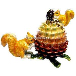 Two Squirrels On A Pine Cone Bejeweled Trinket Box crystal jewelry 