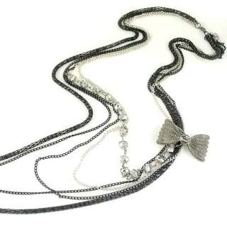   LAYER CHAIN w/ SILVER GRAY CRYSTAL BEAD STRAND & BOW NECKLACE  