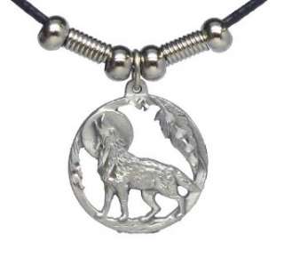   Wolf in Circle Pendant   Beaded Black Leather Necklace Clothing