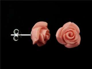   Sterling Silver Pink Carved Coral Rose Flower Lovely Stud Earrings Set