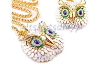 Cute White Crystal Enamel Owl Pendant Necklace Chain Blue Eyes