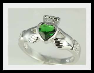 Emerald Heart Sterling Silver Claddagh Celtic CZ Ring  