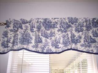 NAVY BLUE ON WHITE~WAVERLY Rustic Toile Scalloped Lined Valance 