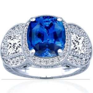  Platinum Cushion Cut Blue Sapphire Ring With Sidestones Jewelry