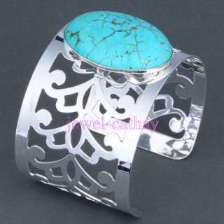 Silver Plated Oval TURQUOISE Gemstone Cuff Bracelet  