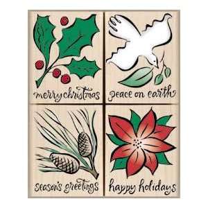  Happy Holiday Greetings Wood Mounted Rubber Stamp Set 