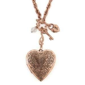  Heart Lockets Rose Gold Tone Charm Toggle Necklace 