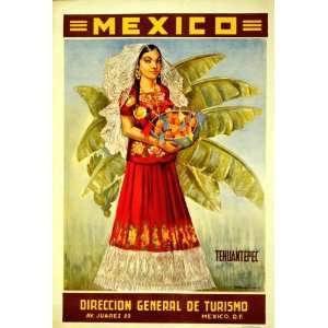  1930 Travel Poster Mexico woman holding a bowl of fruit 