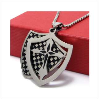 Stainless Steel Checkers Shield Cross Pendant Chain Necklace PL207 
