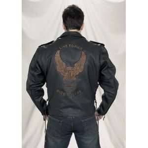 Mens Black Motorcycle Jacket Z/O Lining, Side laces W/Embossed Eagle 