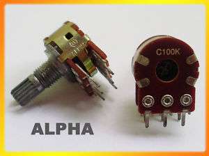 6x ALPHA C100K Dual Stereo Potentiometer Log Taper pots  