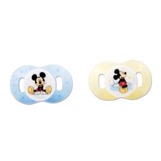 Disneys Mickey Mouse newborn pacifiers have large, colorful character 