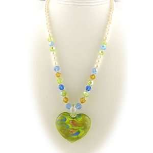   Style Glass Heart Pendant and Freshwater Pearl Necklace Jewelry