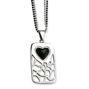   Steel Black Onyx Heart Pierced Dog Tag 28 Inch Double Chain Necklace