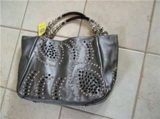 SHARIF Pebble Leather Studded Handbag/Art Handle Pewter  