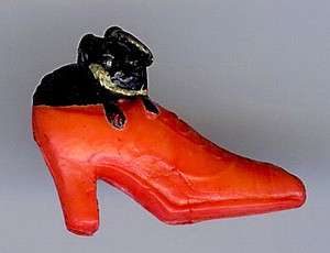   VINTAGE PAINTED CELLULOID KITTY CAT IN A HIGH HEEL SHOE CHARM  
