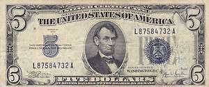 1934 C $5 FIVE DOLLARS BLUE SEAL SILVER CERTIFICATE  