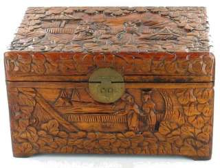 VINTAGE CARVED CHINESE WOOD DOCUMENT BOX WATER BOATS  