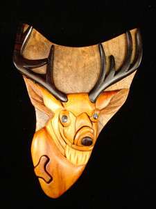 NEW Hand Carved Wood Art Intarsia DEER Puzzle Jewelry Trinket Box 